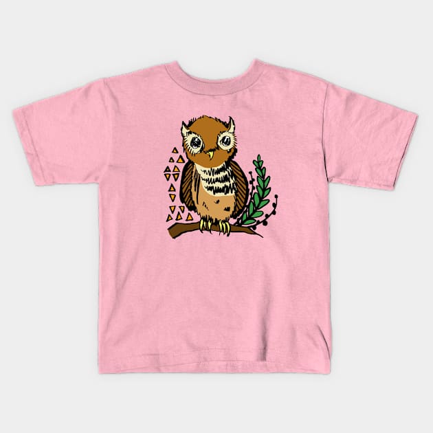 Hand Drawn Owl In Nature Kids T-Shirt by Tessa McSorley